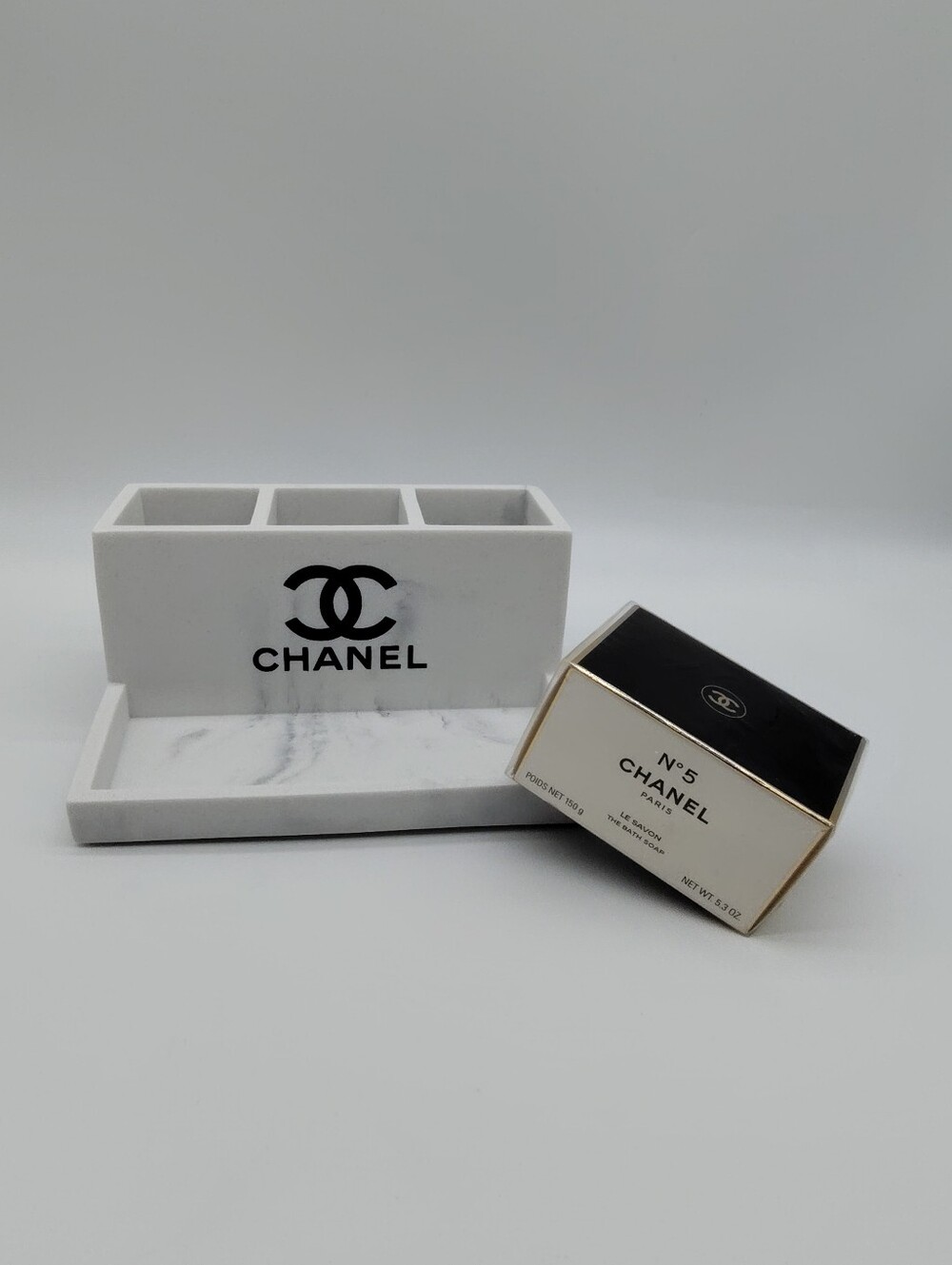 CHANEL N°5 Le Savon Sealed Bath Soap NWT + Marble Vanity Organizer Set